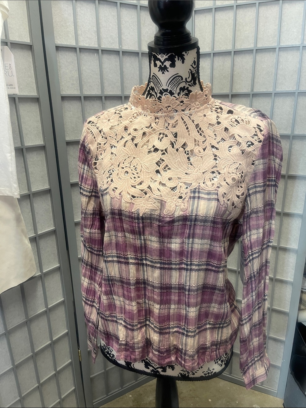 Melrose and Market Purple and Cream Lace-Yoke Plaid Blouse